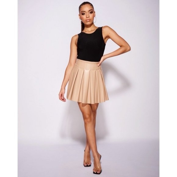 Nude Faux Leather Vegan Leather High Waist Pleated Mini Skater Skirt - Picture 3 of 15